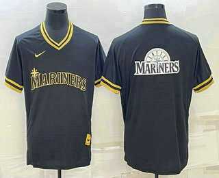 Mens Seattle Mariners Big Logo Black Gold Nike Cooperstown Legend V Neck Jersey->seattle mariners->MLB Jersey